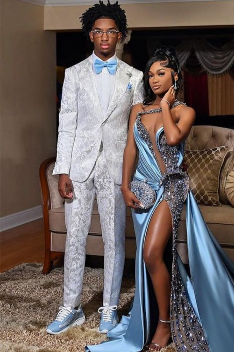 Glamorous White Peaked Lapel Bespoke Jacquard Prom Suits