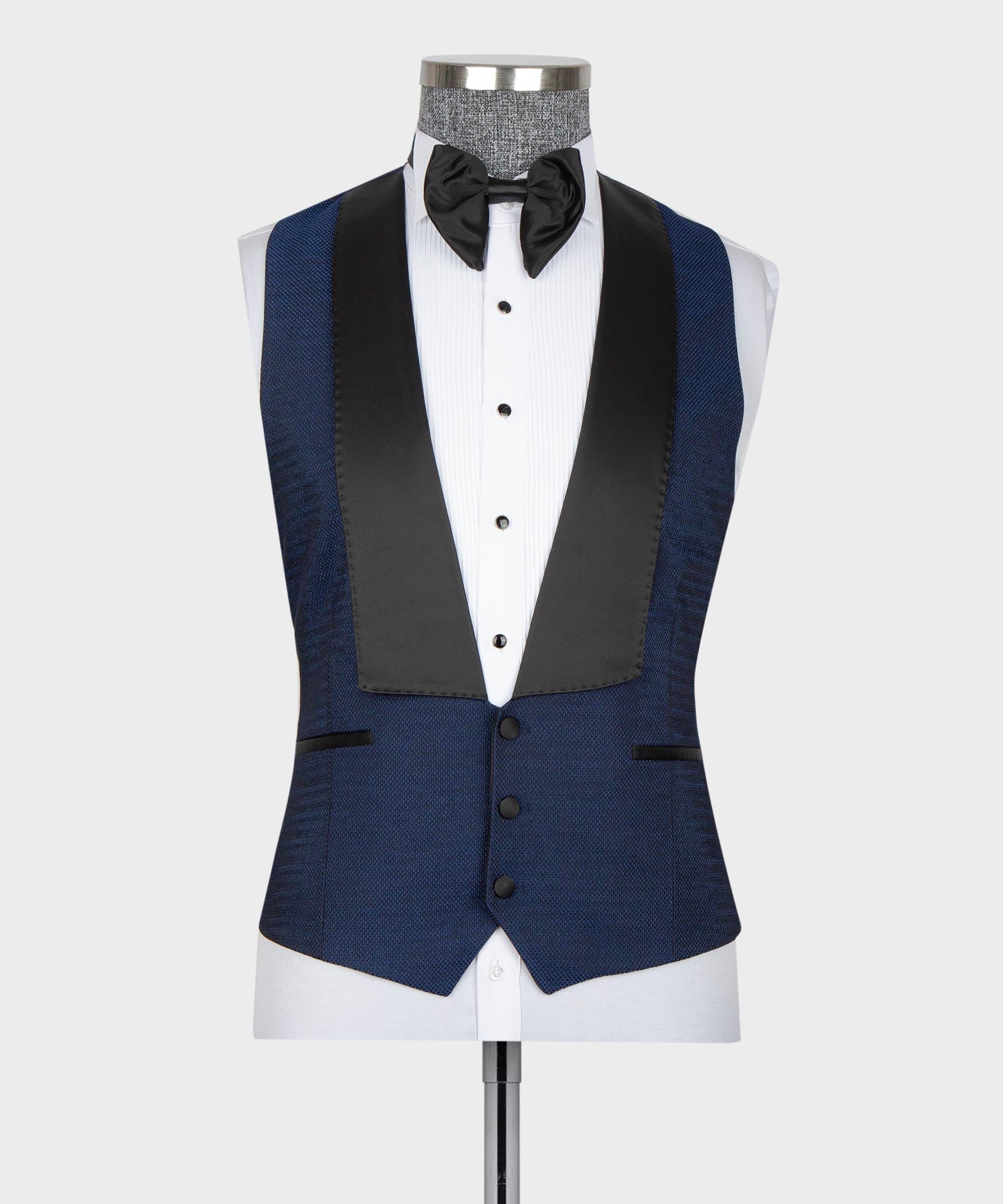 Stylish Dark Blue With Black Satin Peaked Lapel Men's Prom Suits