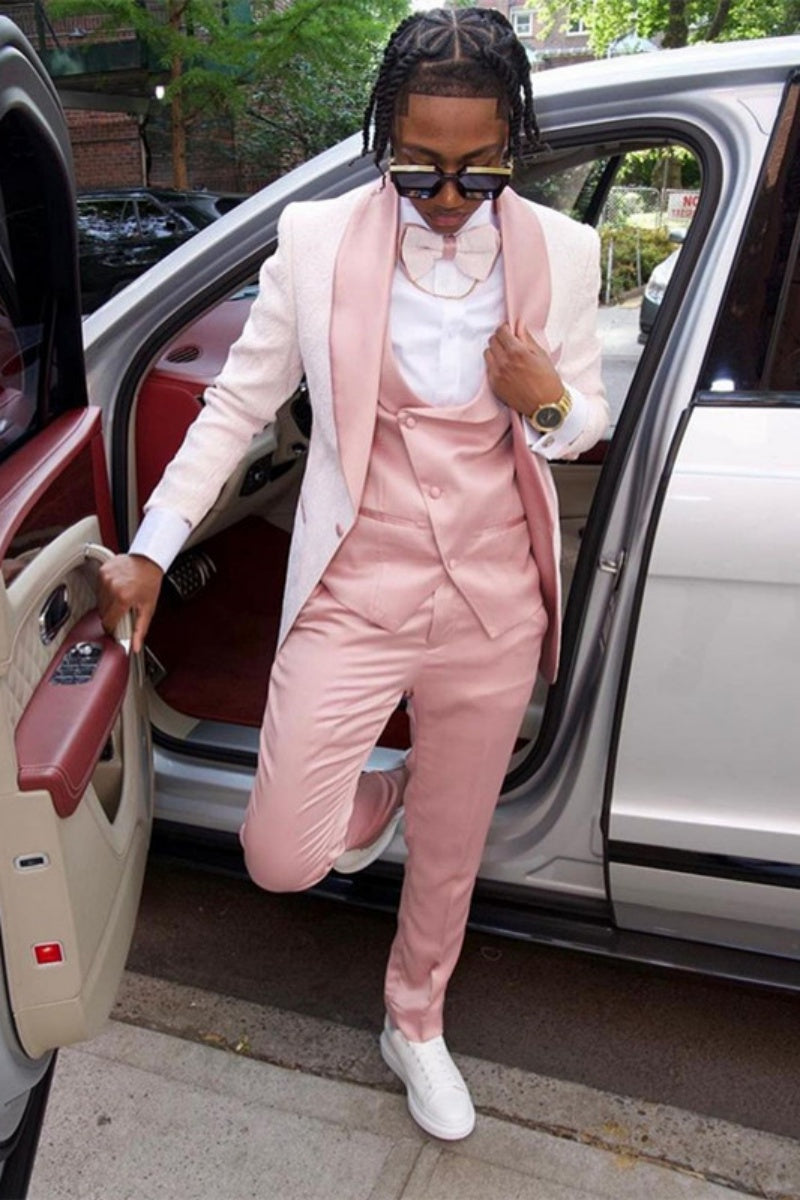 Stylish Pink Jacquard Shawl Lapel 3 Pieces Suits For Men