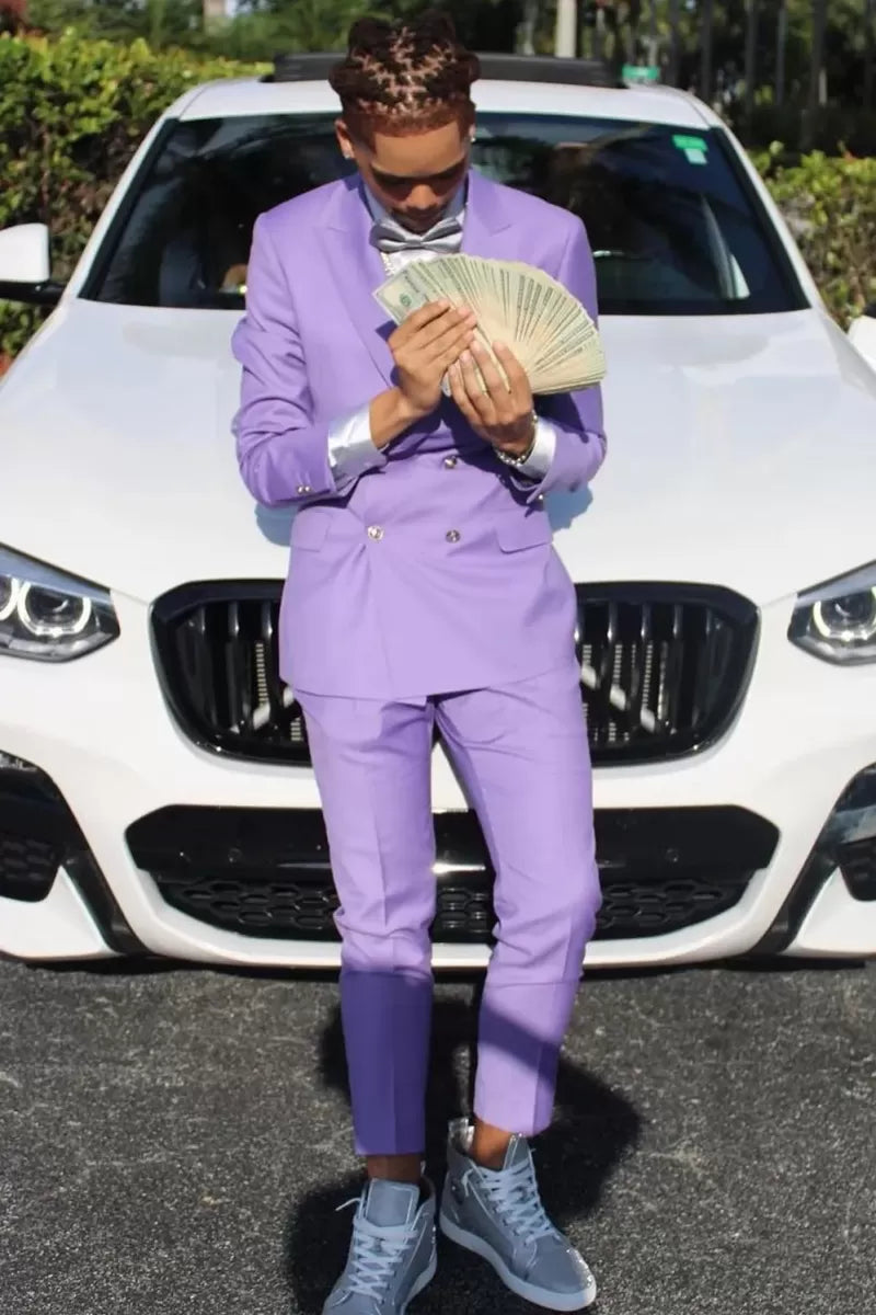 Glamorous Lavender Double Breasted Slim Fit Prom Men Suits