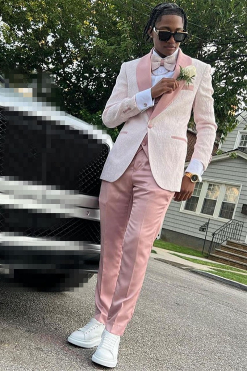 Stylish Pink Jacquard Shawl Lapel 3 Pieces Suits For Men