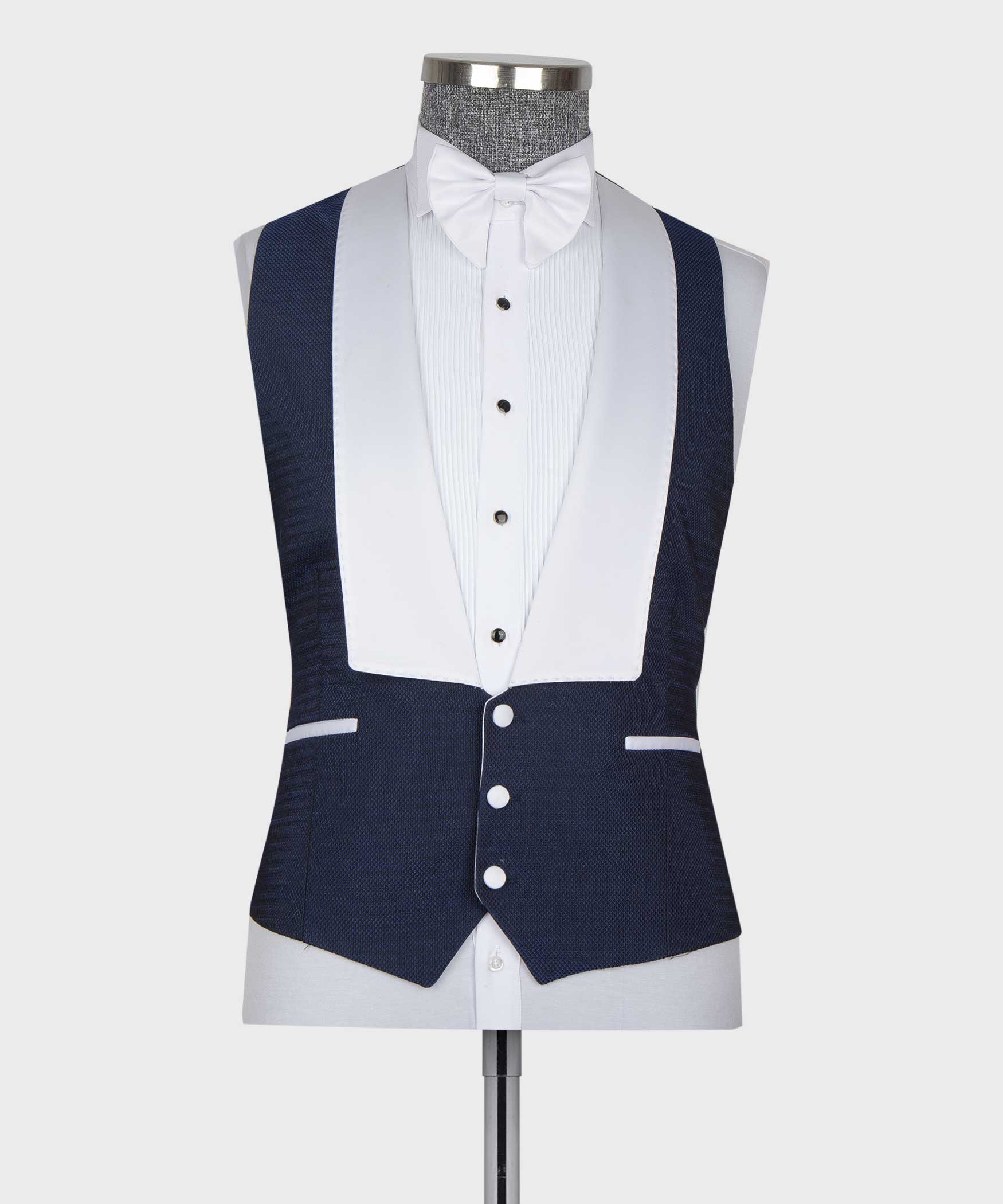 3 Pieces Dark Blue With White Satin Peaked Lapel Men's Prom Suits