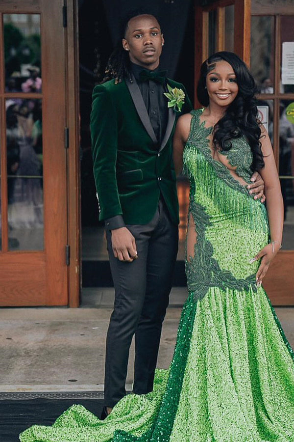 Fancy Dark Green Velvet Shawl Lapel Prom Men Suits