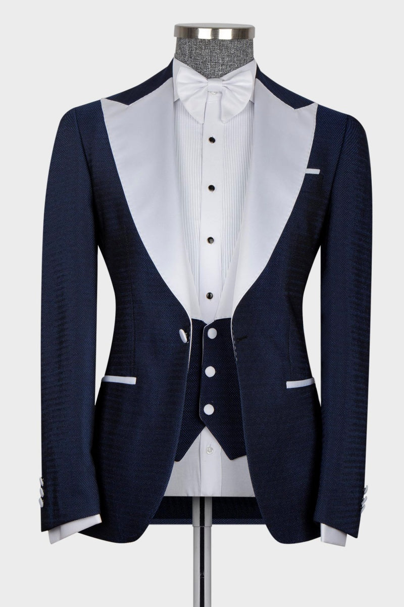 3 Pieces Dark Blue With White Satin Peaked Lapel Men's Prom Suits