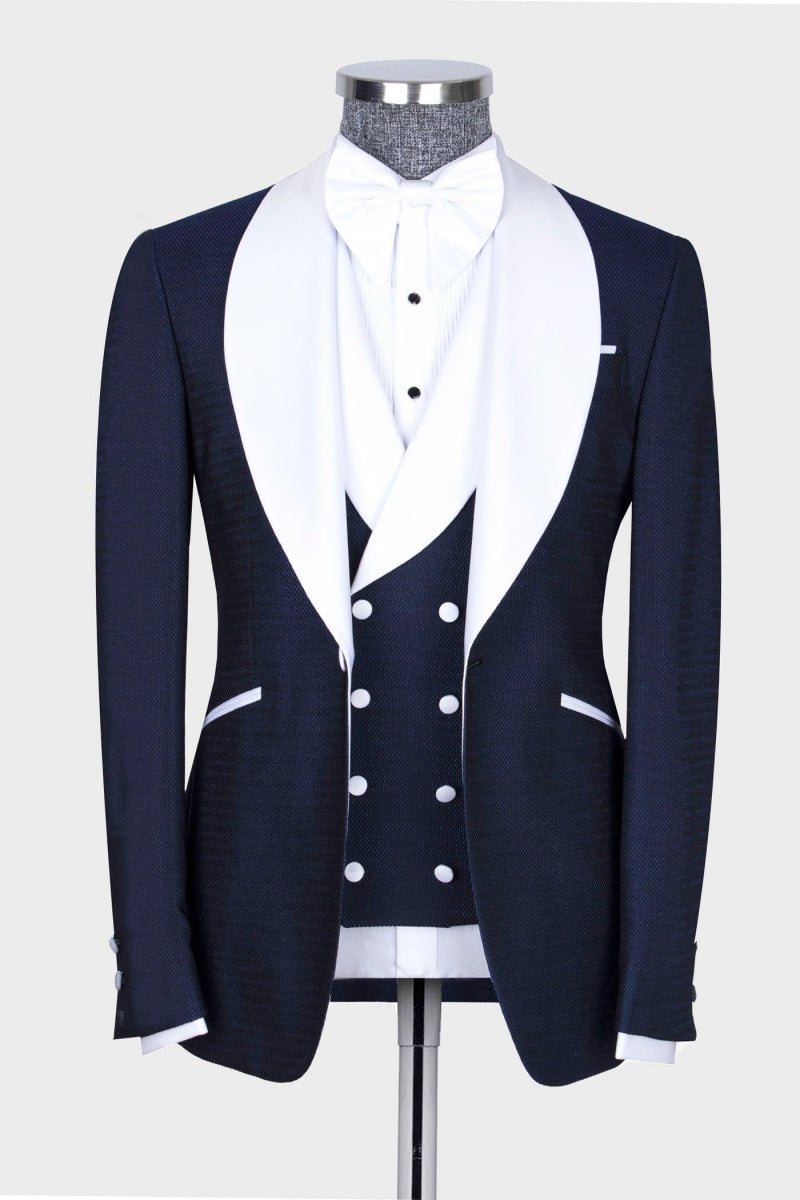 Fashion Dark Blue Shawl Lapel Men Suits With Waistcoat