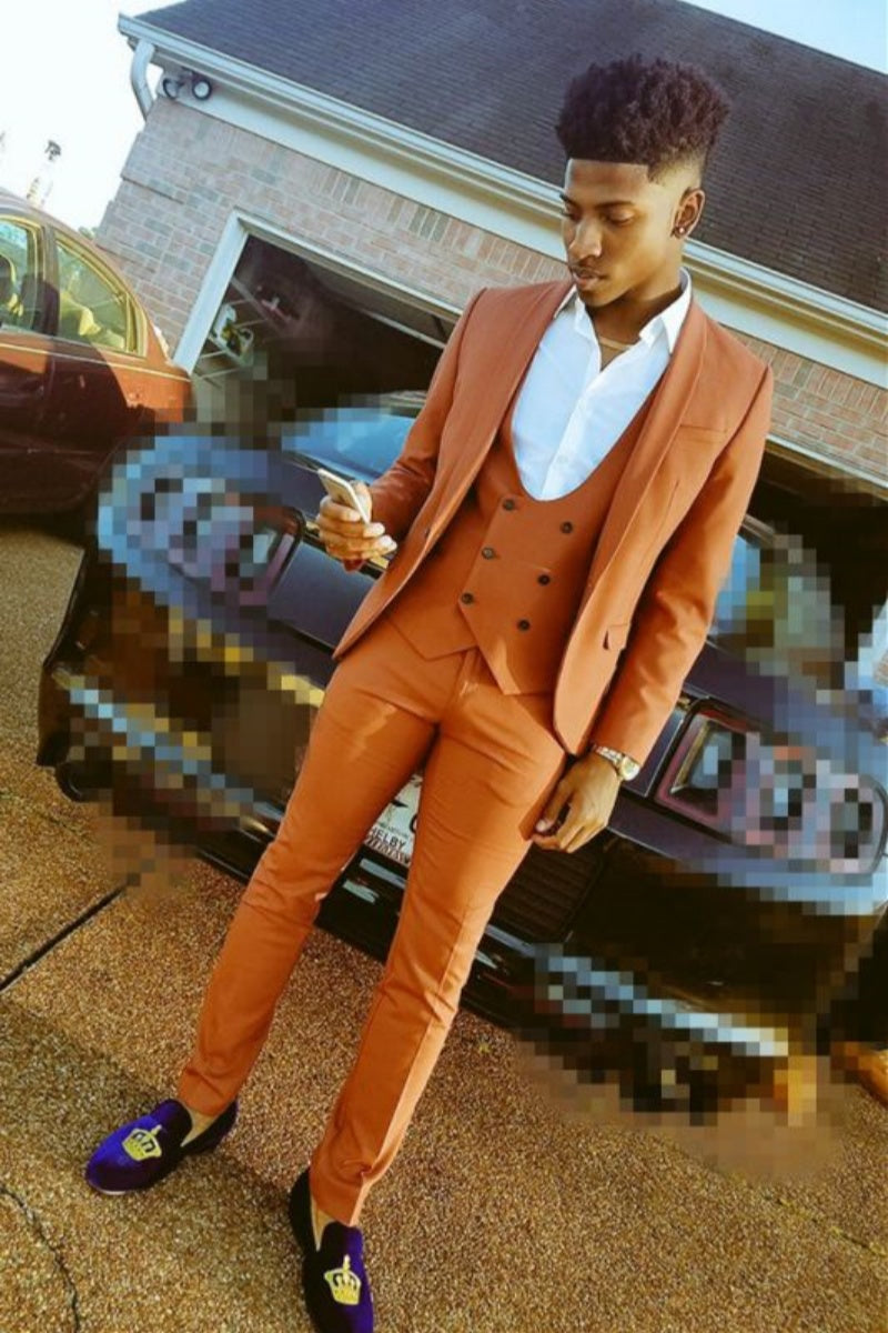 Fashion Orange Shawl Lapel 3 Pieces Slim Fit Prom Suits