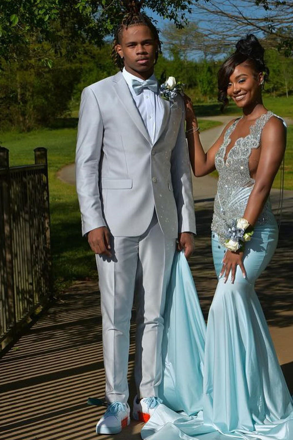 Modern Light Gray Notched Lapel Newest Prom Men Suits