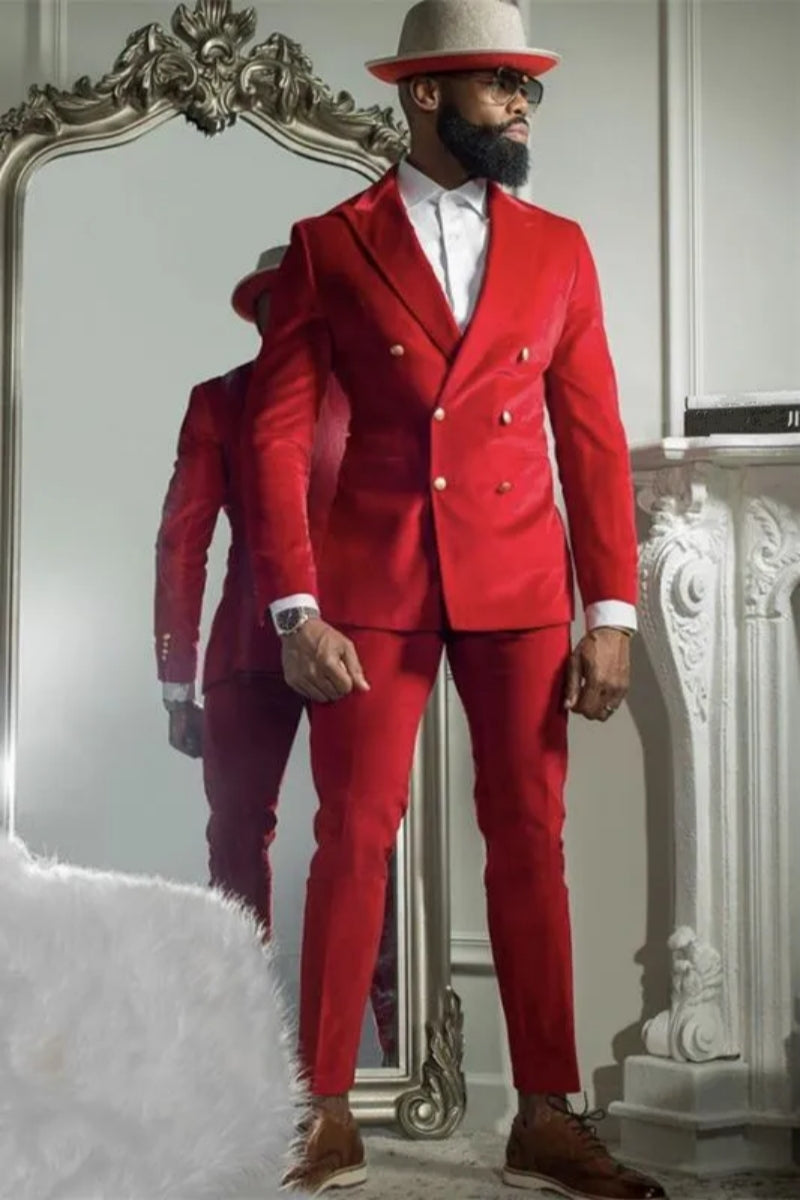 Modern Red Velvet Double Breasted Slim Fit Prom Suits For Men