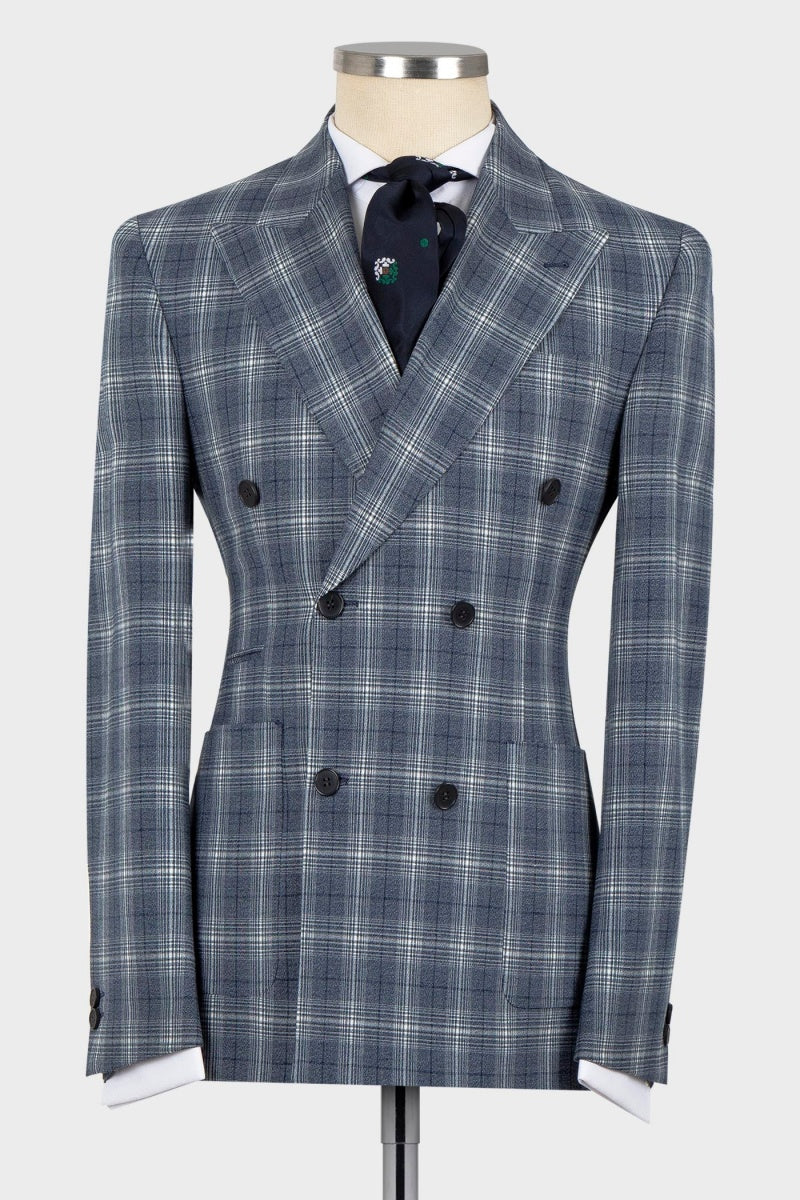 Stylish Blue-Gray Plaid Peaked Lapel Double Breasted Formal Suits