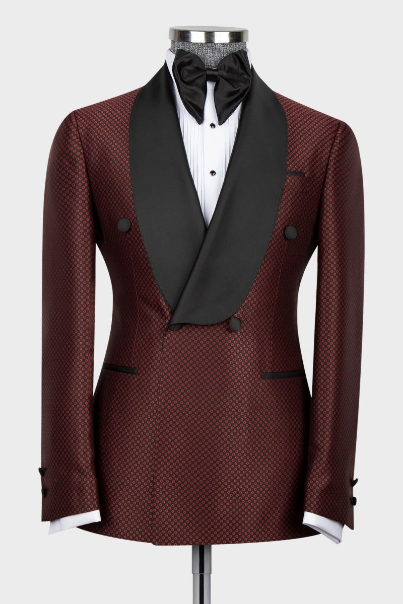 Modern Red Jacquard Double Breasted Shawl Lapel Men Suits