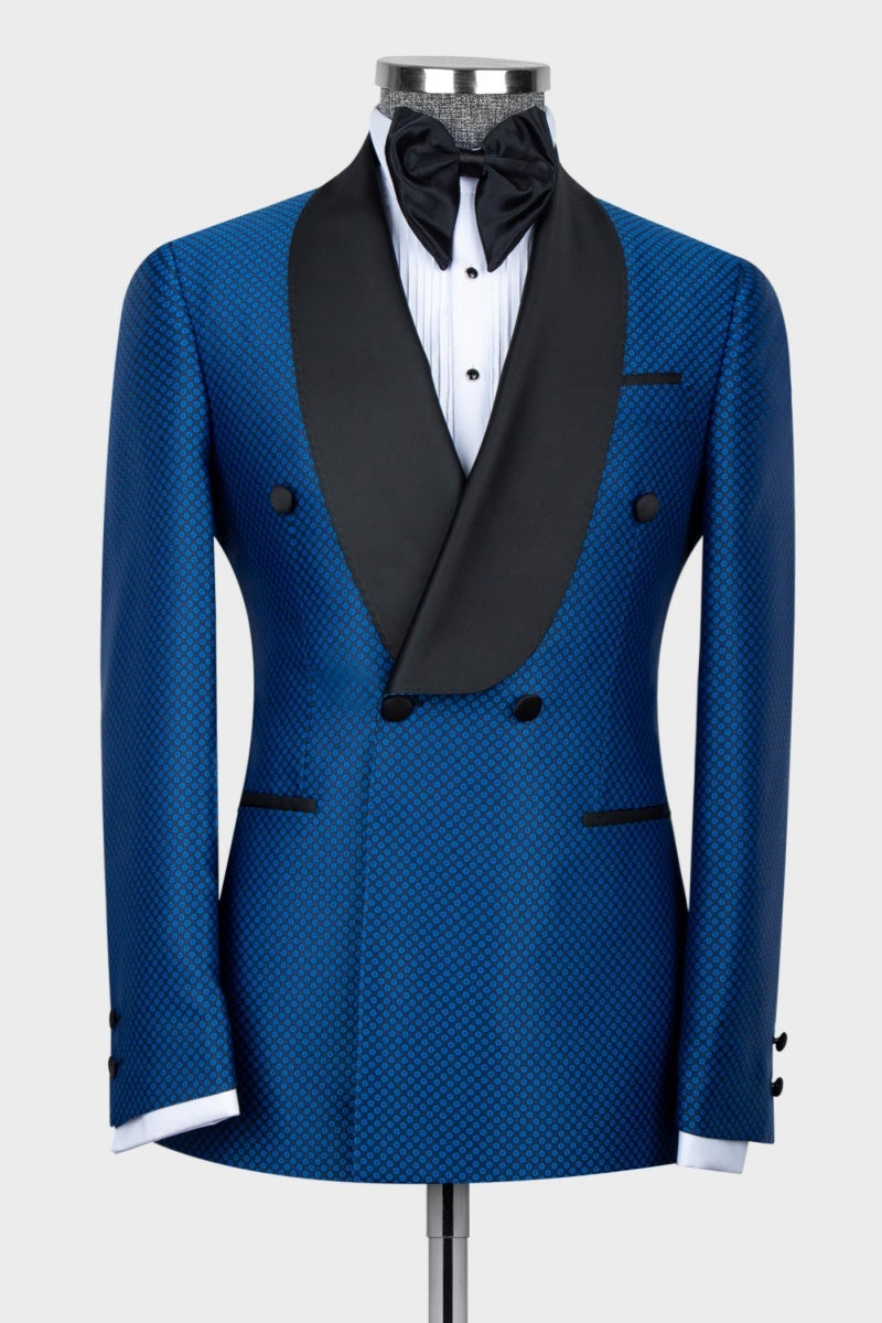 Chic Blue Jacquard Double Breasted Shawl Lapel Suits For Men