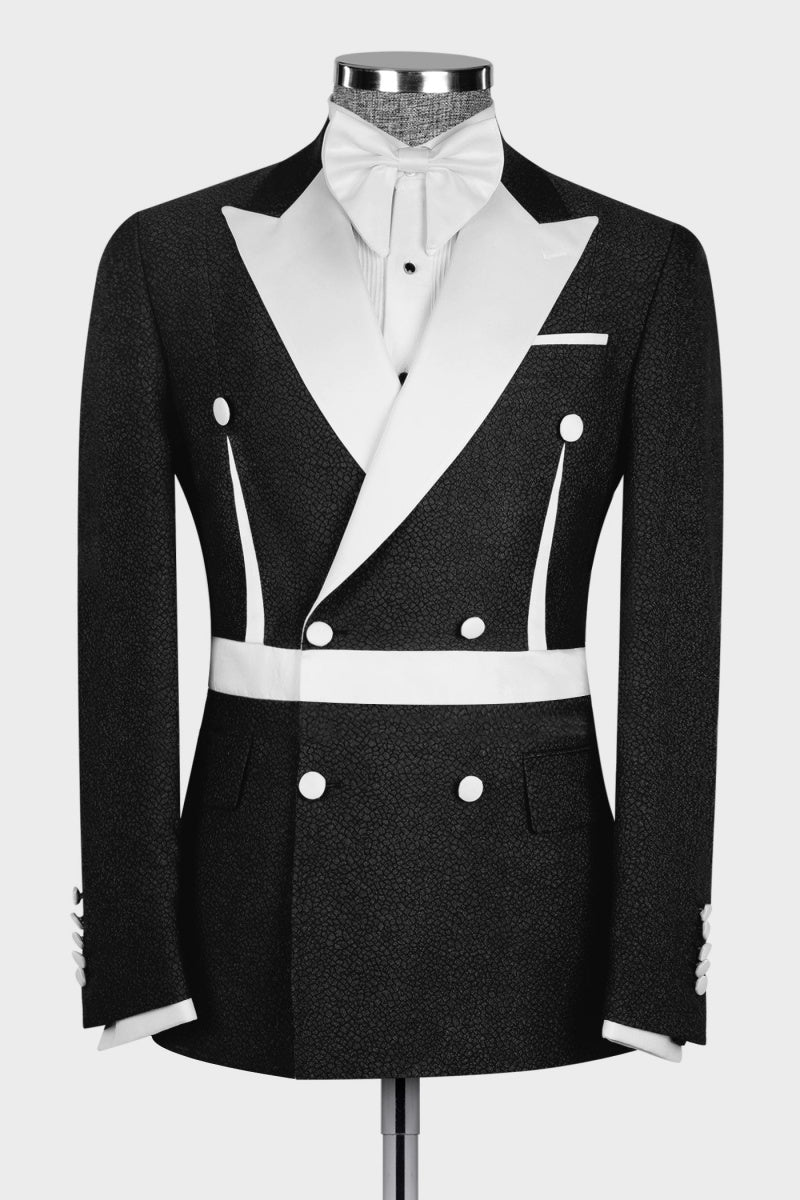 Bespoke Black Jacquard With White Double Breasted Peaked Lapel Men Suits