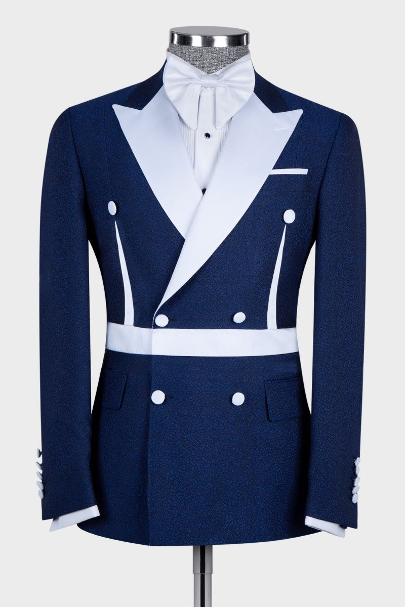 Dark Blue Jacquard With White Double Breasted Chic Men Prom Suits