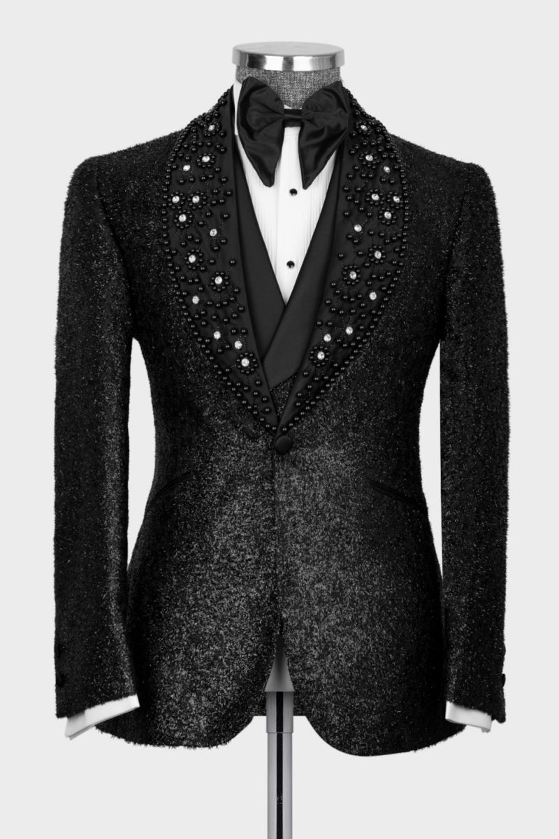 Sparkly Black Beading Shawl Lapel 3 Pieces Chic Prom Men Suits