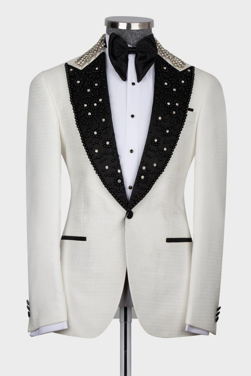 Fashion 3 Pieces White With Black Beading Peaked Lapel Prom Men Suits