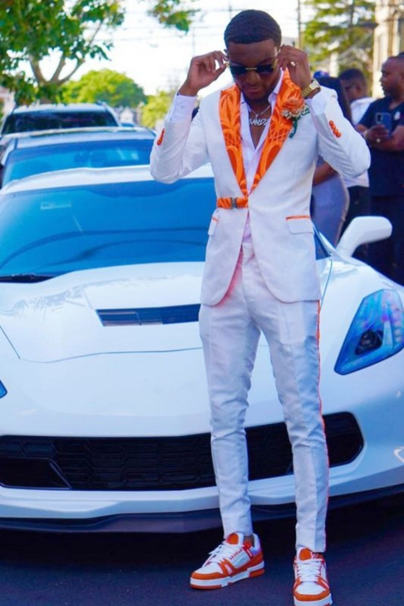Chic White Prom Men Suits With Orange Jacquard Peaked Lapel