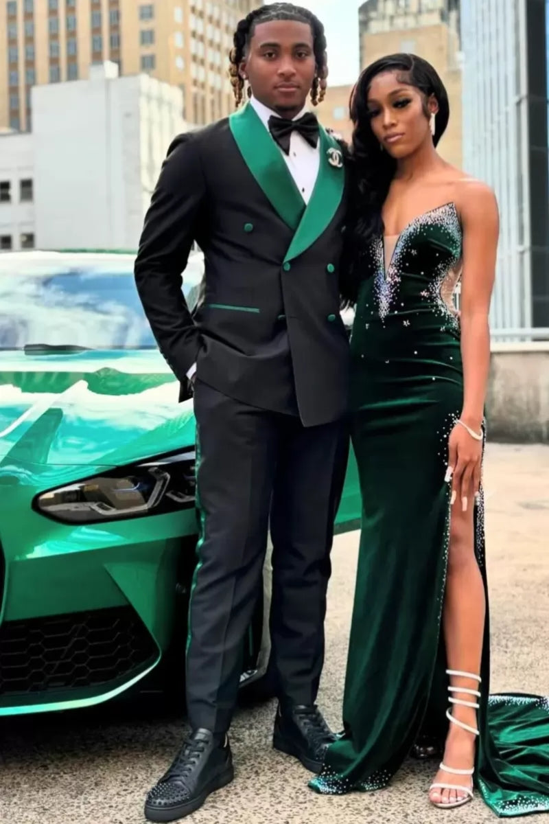 Newest Trendy Black Double Breasted Prom Men Suits With Green Shawl Lapel
