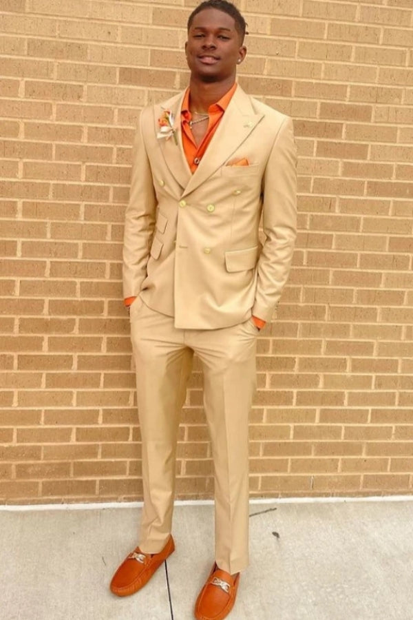 Fashion Slim Fit Champagne Peaked Lapel Prom Men Suits