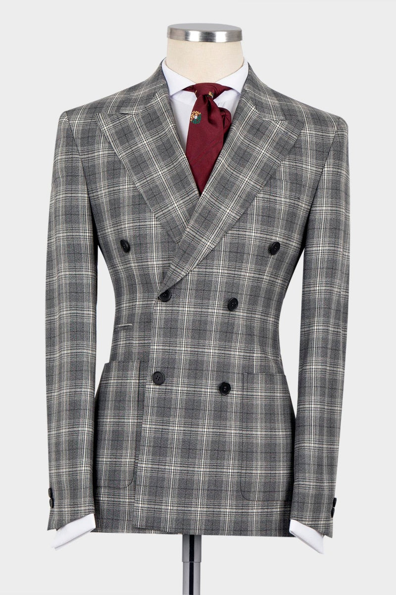 Fashion Gray Plaid Slim Fit Double Breasted Suits