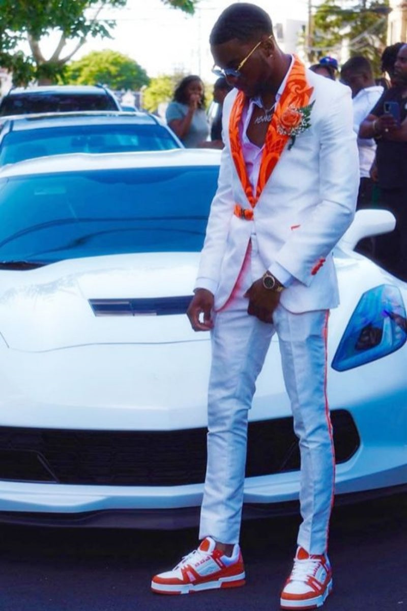 Chic White Prom Men Suits With Orange Jacquard Peaked Lapel
