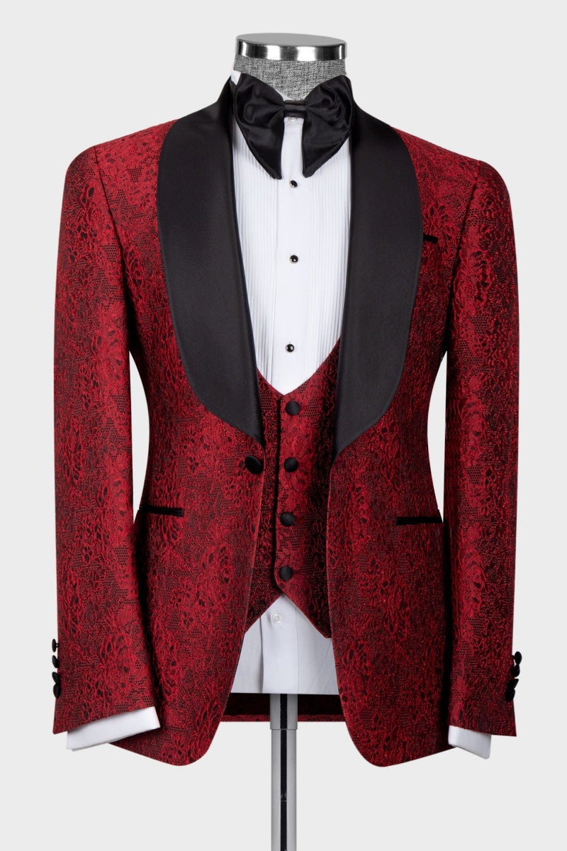 Popular Newest Red Jacquard Shawl Lapel Wedding Suits For Men
