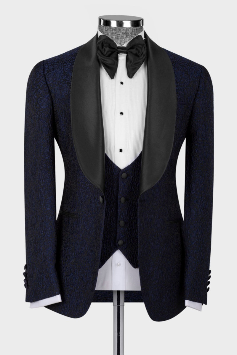 Dark Blue 3 Pieces Fancy Jacquard Shawl Lapel Men's Wedding Suits