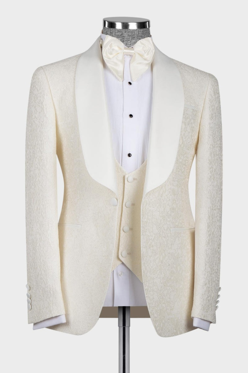 Newest Beige Jacquard Shawl Lapel 3 Pieces Men Wedding Suits