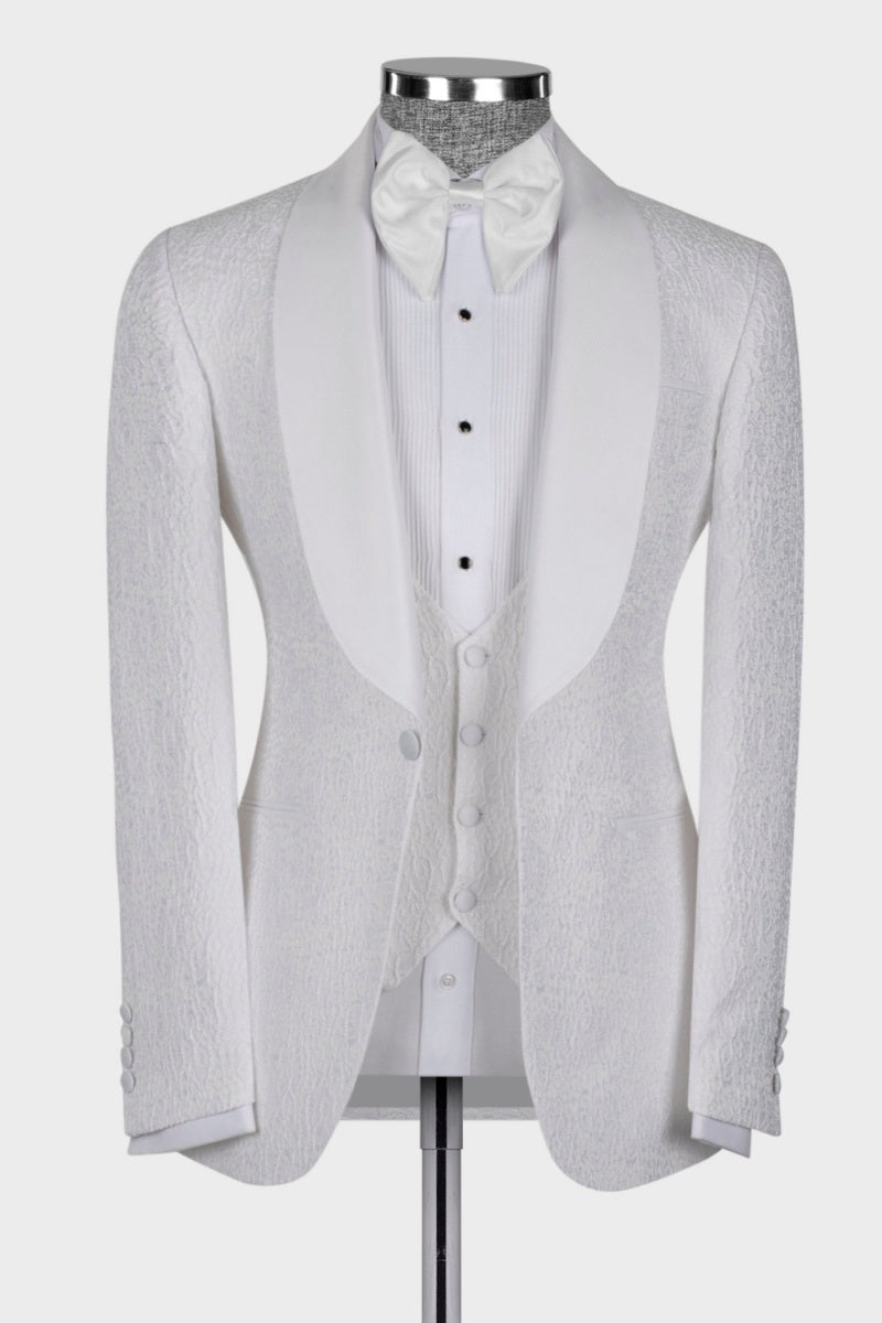 Modern White Jacquard Shawl Lapel Wedding Suits With Waistcoat