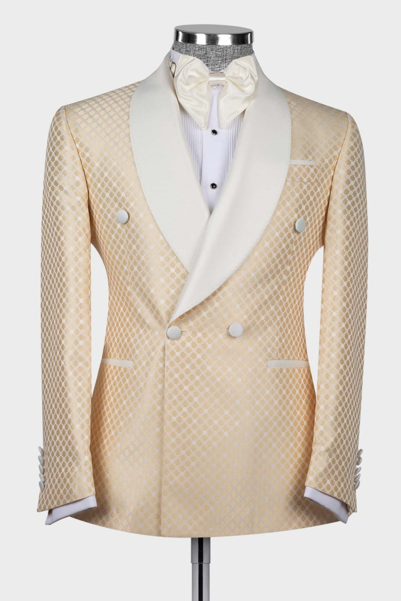 Stylish Beige New Arrival Jacquard Shawl Lapel Men Wedding Suits