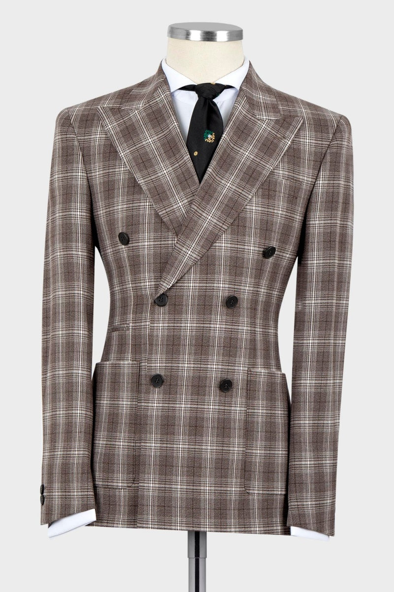 New Arrival Light Brown Plaid Double Breasted Men Suits