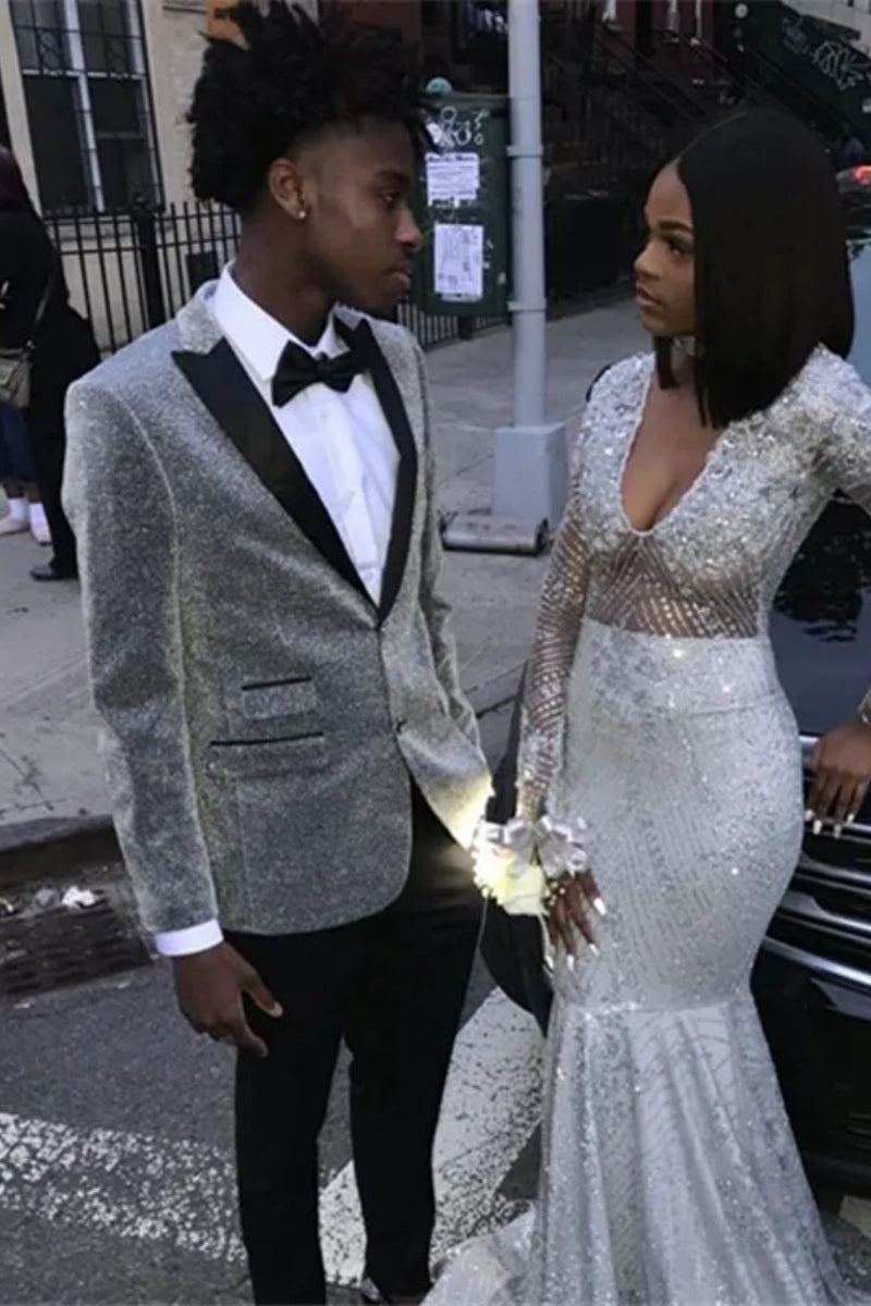 Glamorous Silver Sequins Peaked Lapel Men's Prom Suits