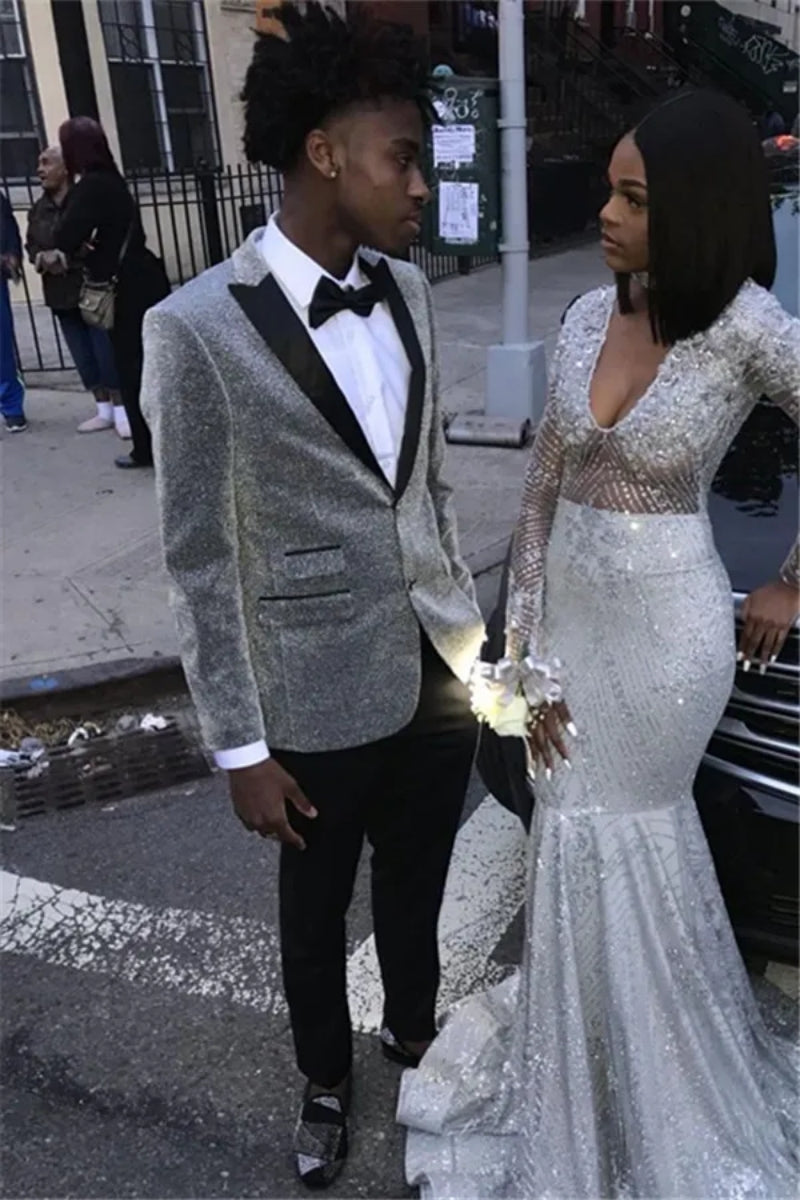 Glamorous Silver Sequins Peaked Lapel Men's Prom Suits