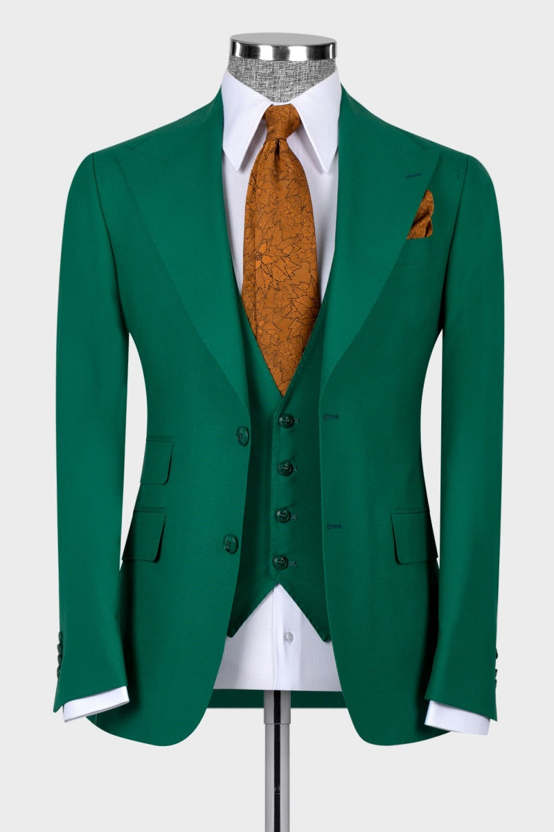 Newest Green Peaked Lapel Men's Prom Suits With Waistcoat