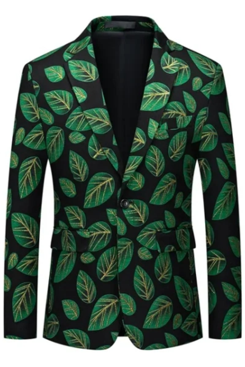 Dark Green Leaves Printed Fashion Men Jackets