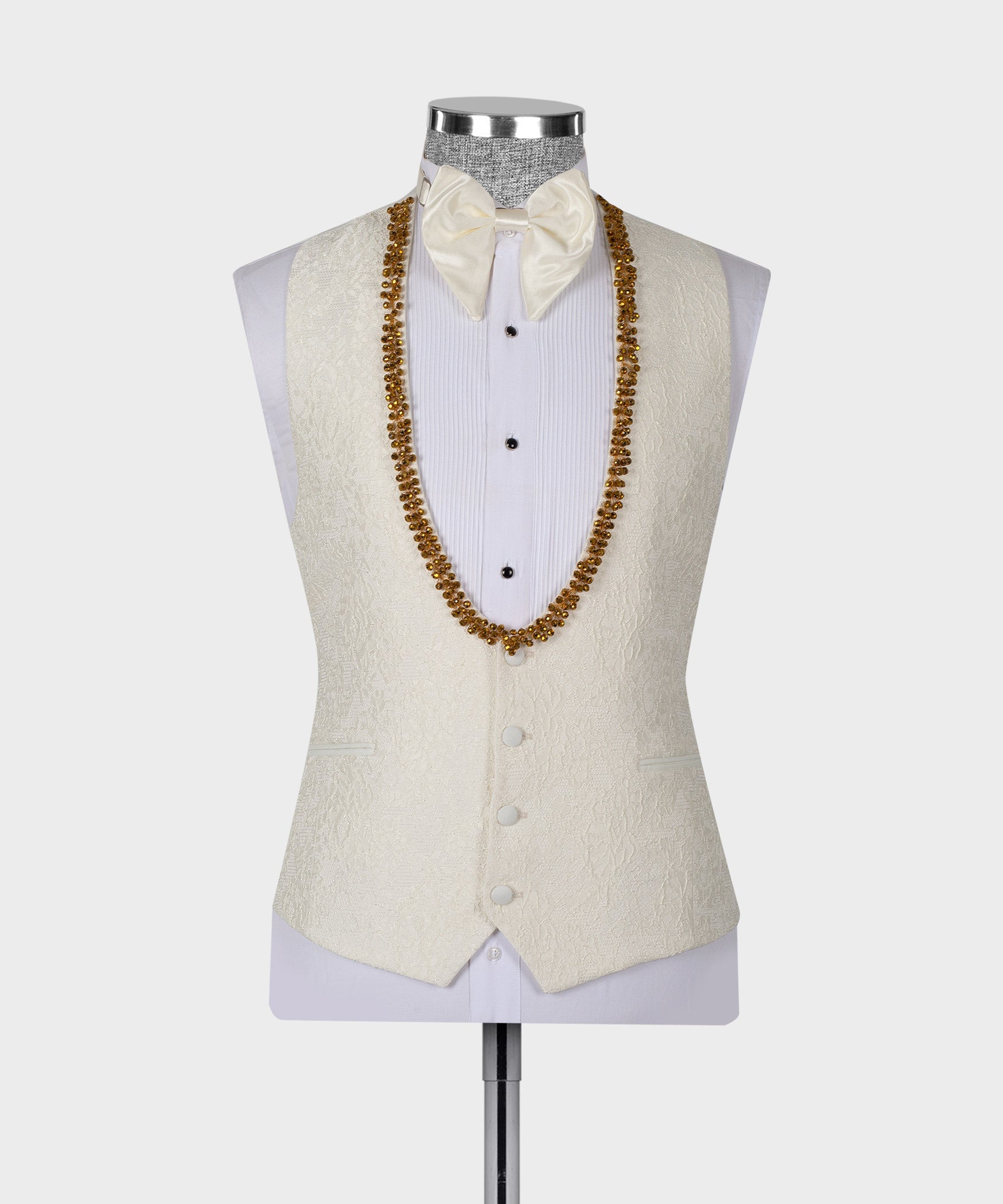 Beige Jacquard Shawl Lapel 3 Pieces Bespoke Wedding Suits With Beading