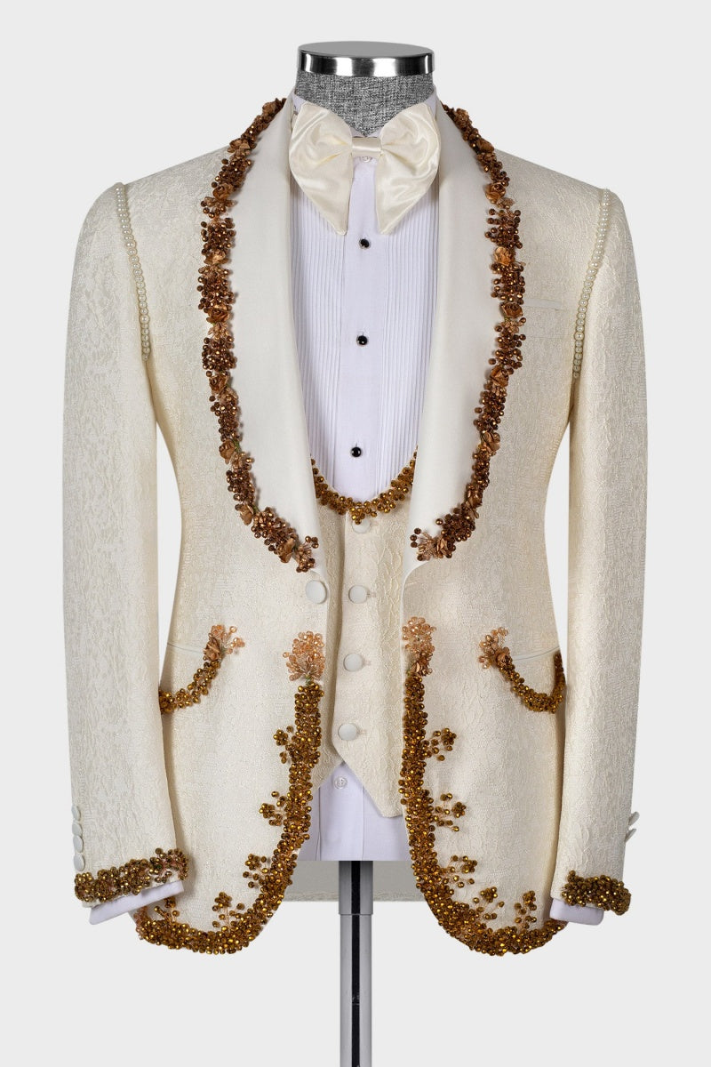 Beige Jacquard Shawl Lapel 3 Pieces Bespoke Wedding Suits With Beading