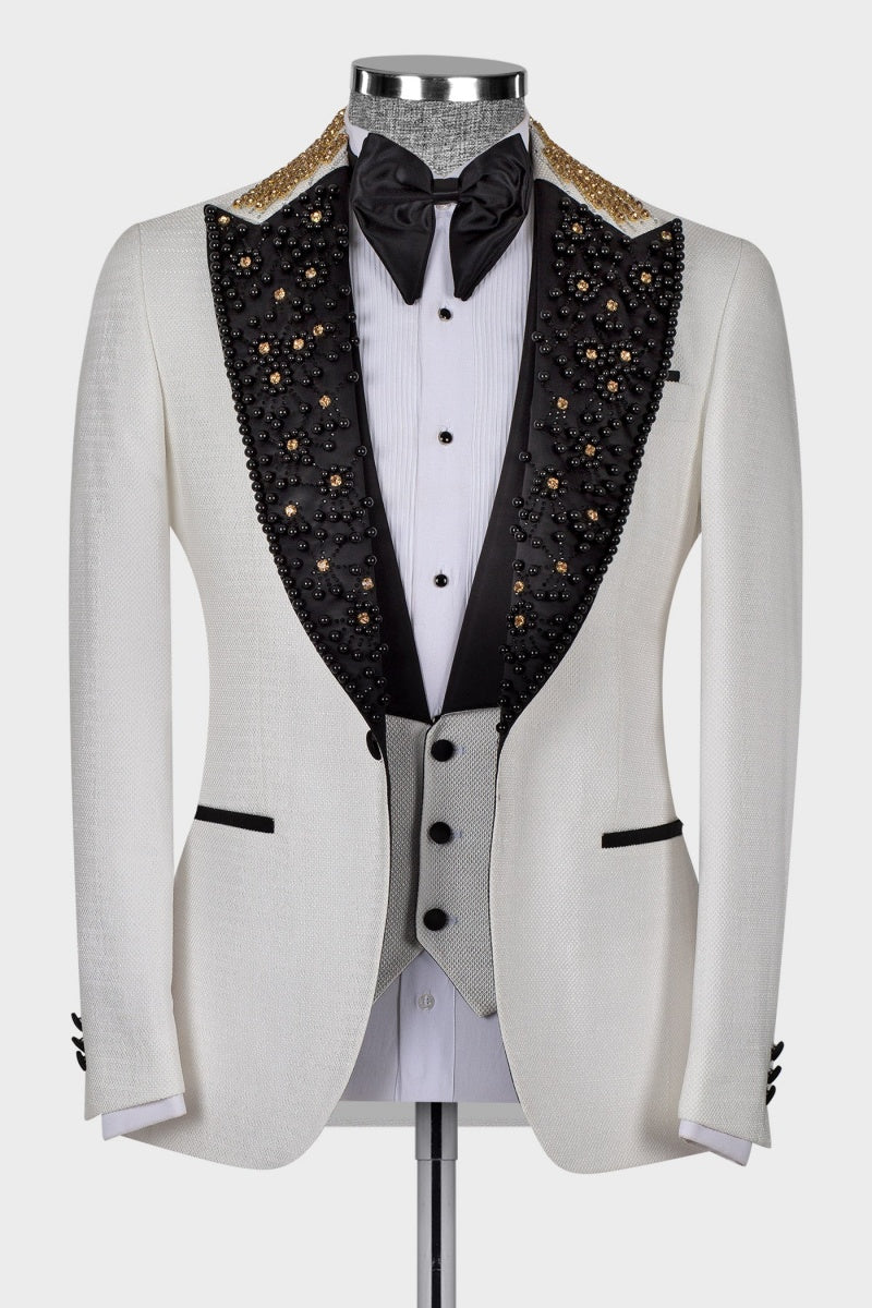 Stylish 3 Pieces White Peaked Lapel With Beading Fancy Wedding Suits
