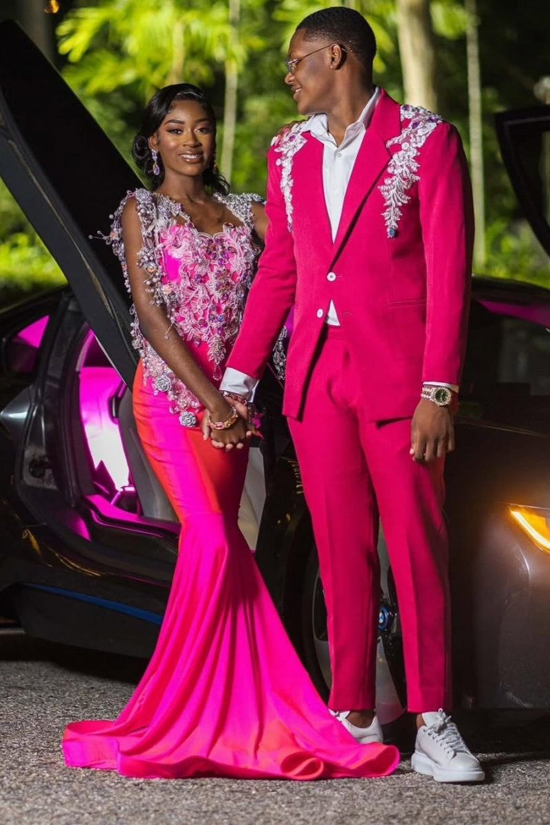 Slim Fit Pink Peaked Lapel Chic Men Suits With Applique