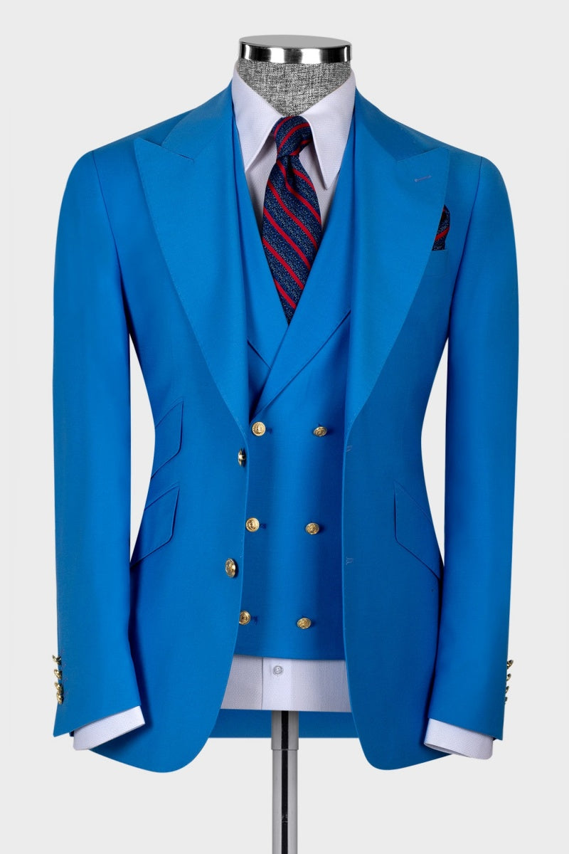 Sapphire Blue Newest Close Fitting Men Suits With Waistcoat