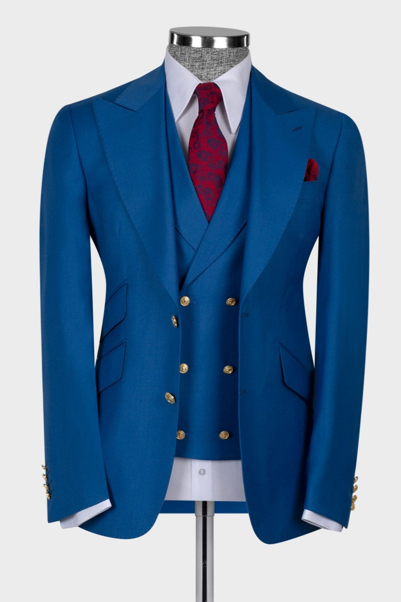 Sapphire Blue 3 Pieces Peaked Lapel Prom Suits For Men