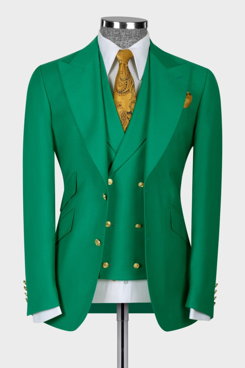 Glamorous Green Peaked Lapel Men Prom Suits With Waistcoat