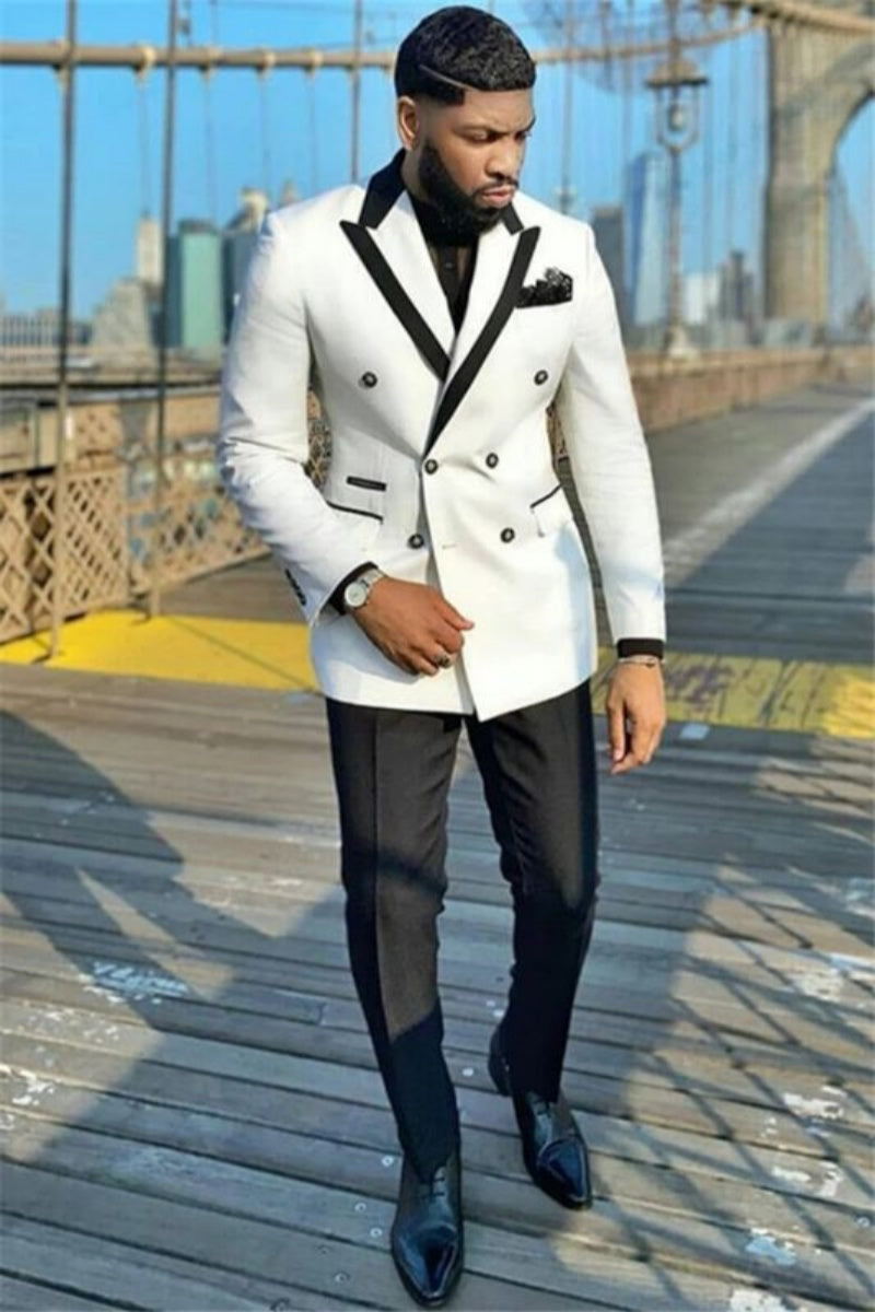 Modern White Newest Double Breasted Peaked Lapel Men's Business Suits