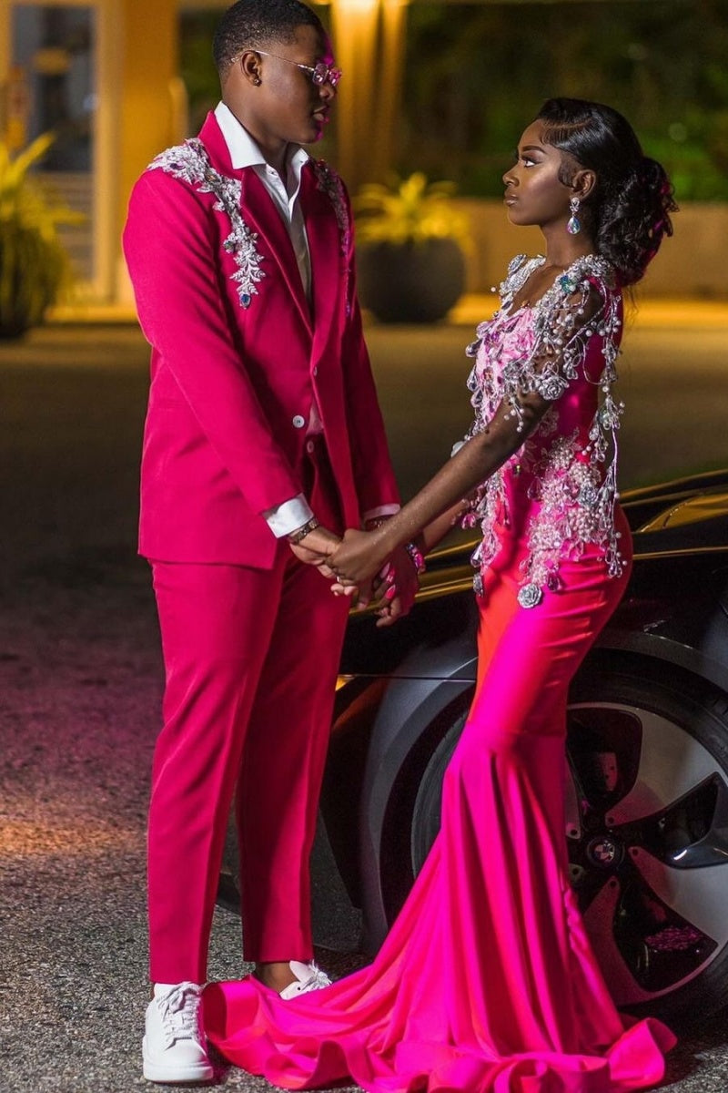 Slim Fit Pink Peaked Lapel Chic Men Suits With Applique