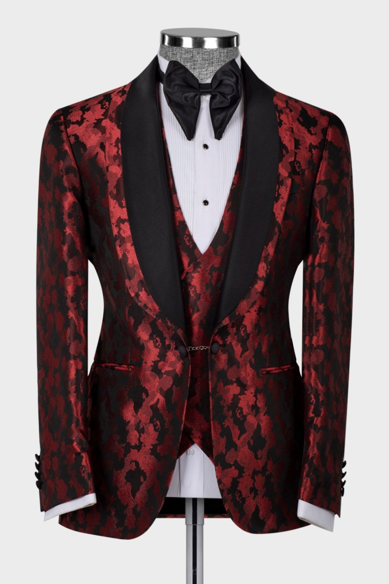Red Jacquard Newest Glamorous 3 Pieces Shawl Lapel Suits