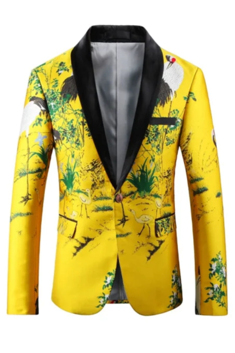 Modern Yellow Jacquard Shawl Lapel Men Jackets