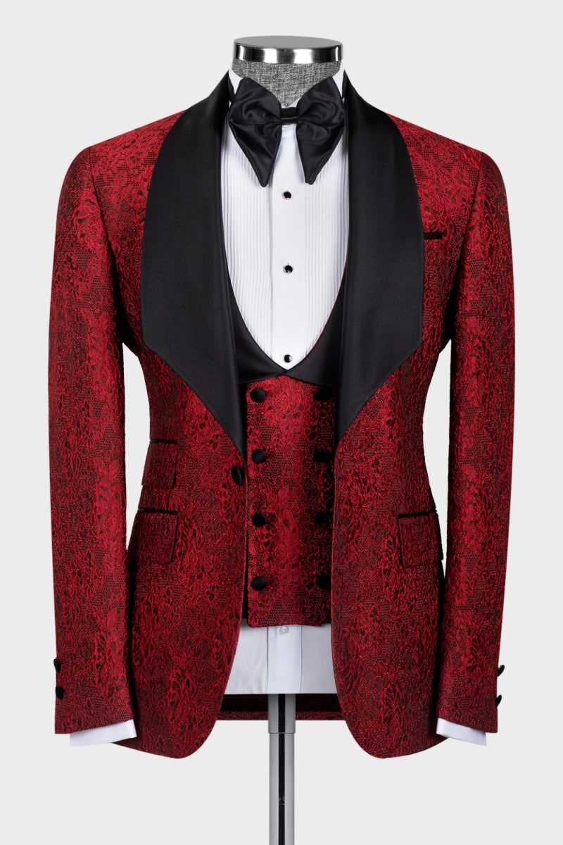 Red Jacquard Fancy Shawl Lapel Wedding Suits For Men