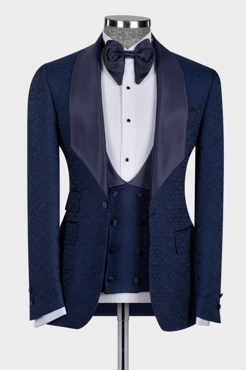 Dark Blue Chic Jacquard Shawl Lapel Slim Fit Wedding Men Suits