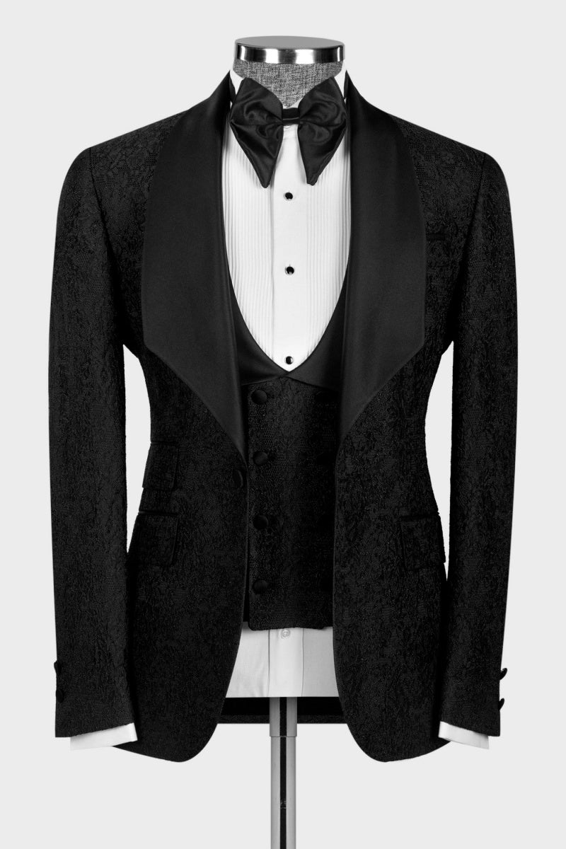 Classic Black Jacquard 3 Pieces Shawl Lapel Men's Wedding Suits