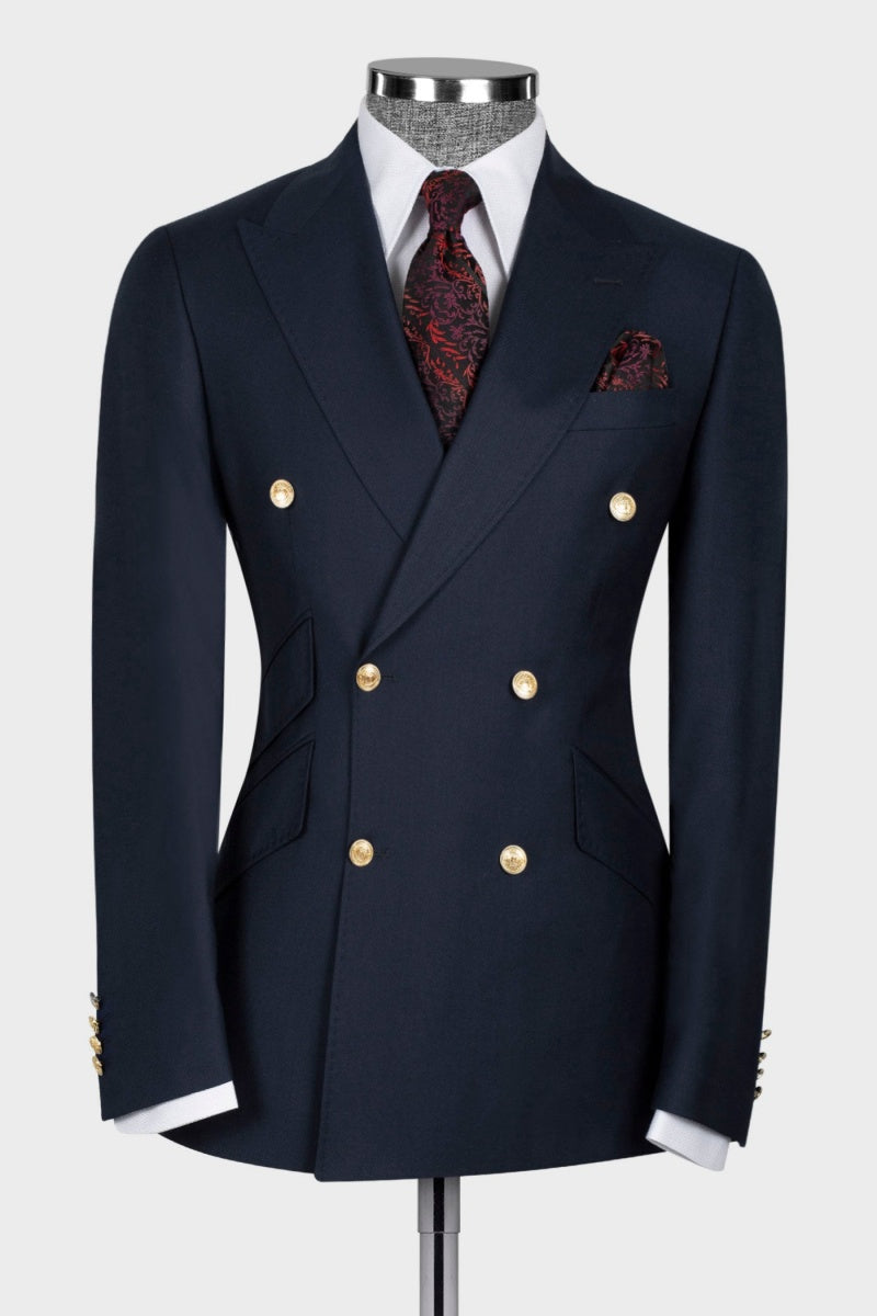 Three Pockets with Flaps Dark Blue Double Breasted Formal Suits