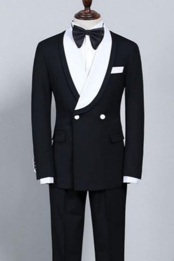 Modern Black Double Breasted Wedding Suits With White Shawl Lapel